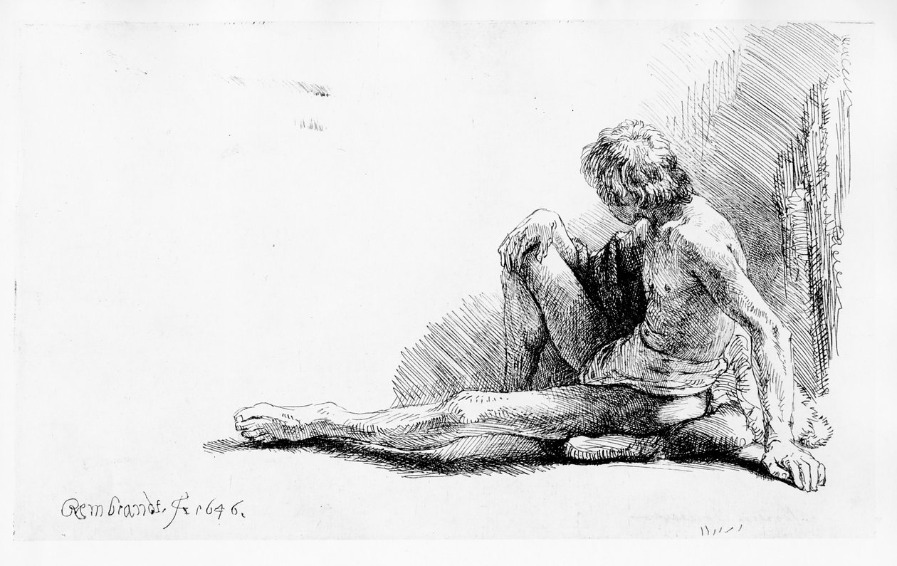 Homem sentado no chão, 1646 de Rembrandt van Rijn
