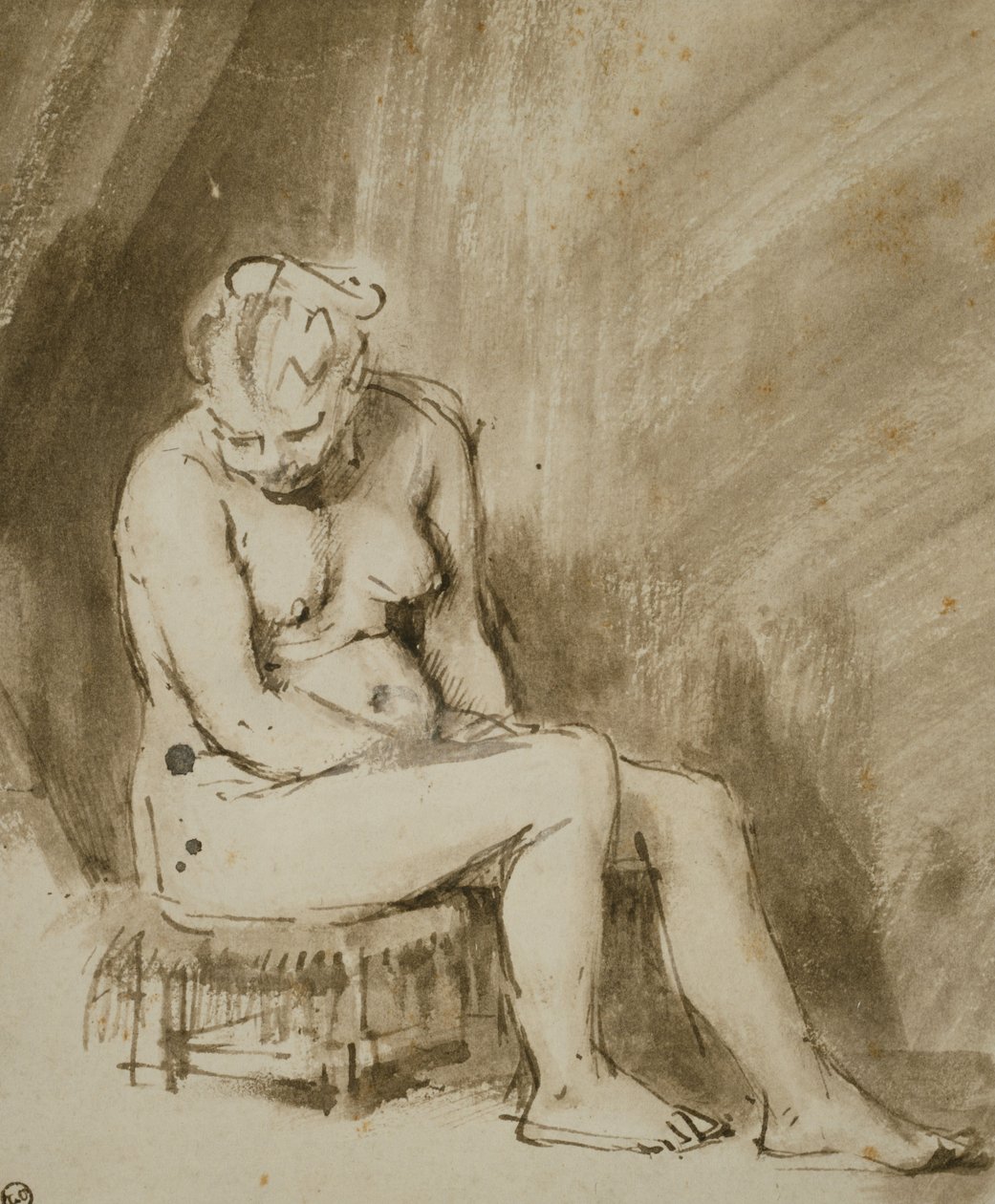 Mulher nua sentada em um banquinho de Rembrandt van Rijn