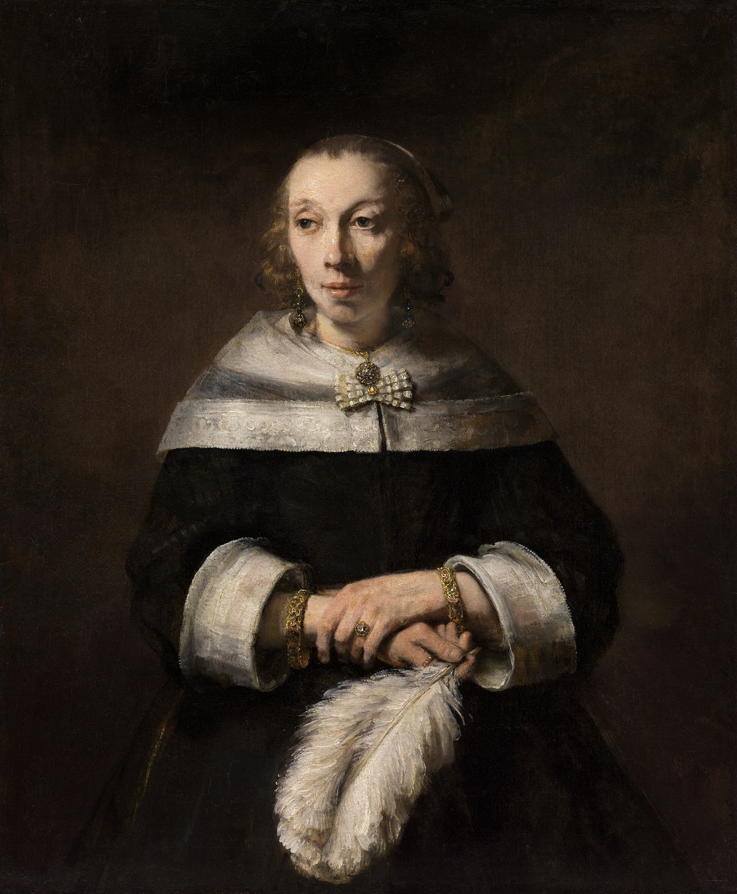 Retrato de uma senhora com um fã de avestruz-pena de Rembrandt van Rijn