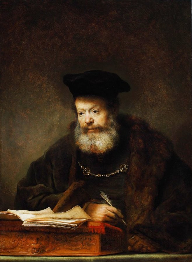 Estudioso em sua mesa de escrita de Rembrandt van Rijn