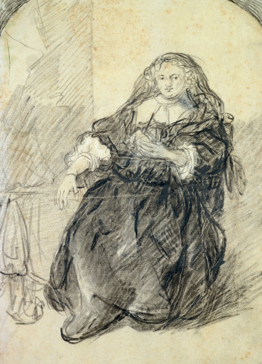 Saskia sentada com uma carta na mão esquerda (giz preto com bodycolour branco sobre papel) de Rembrandt van Rijn