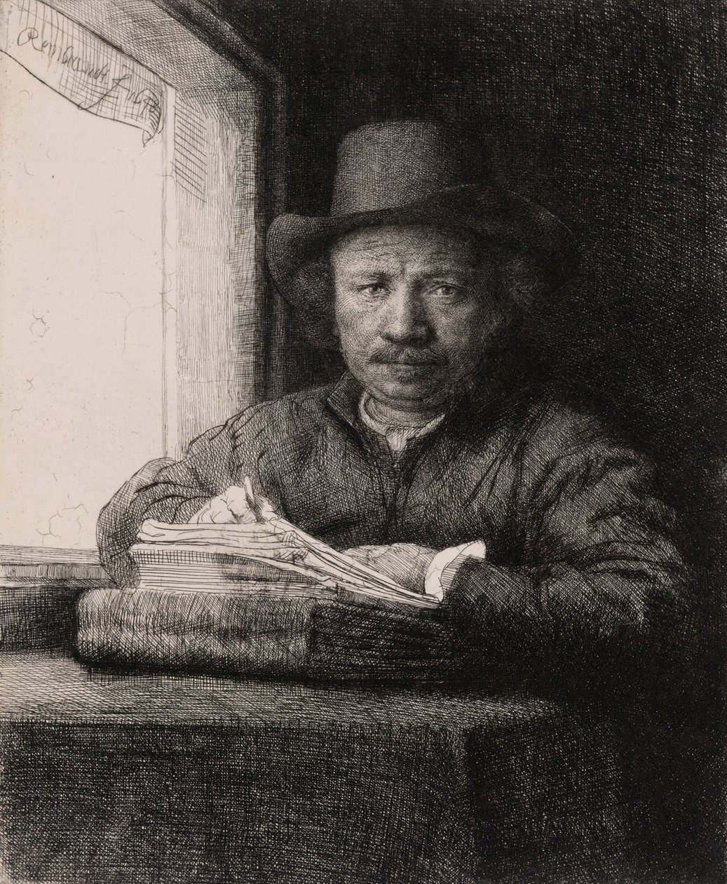 Desenho de auto-retrato em uma janela de Rembrandt van Rijn