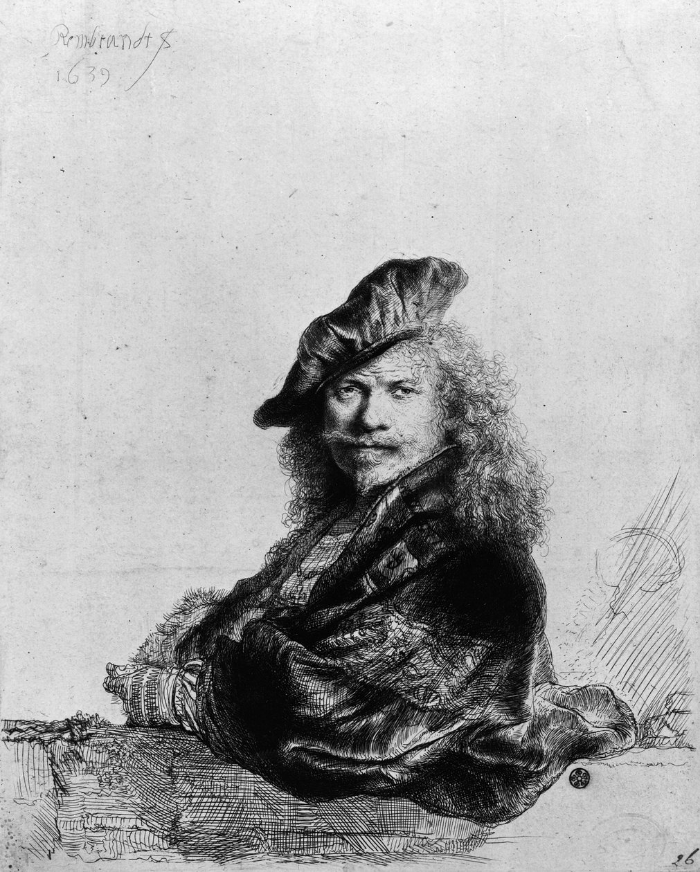 Auto-retrato encostado em um peitoril de pedra, 1639 de Rembrandt van Rijn