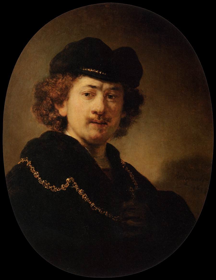 Auto-retrato vestindo um toque e uma corrente de ouro de Rembrandt van Rijn