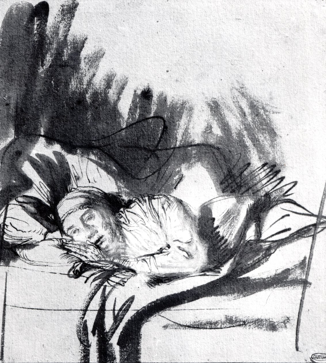 Mulher doente em uma cama, talvez Saskia, esposa do pintor, c.1640 (caneta e bistre no papel) de Rembrandt van Rijn