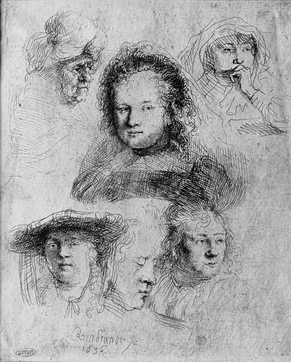 Seis cabeças com Saskia van Uylenburgh (1612-1642) no centro, 1636 de Rembrandt van Rijn