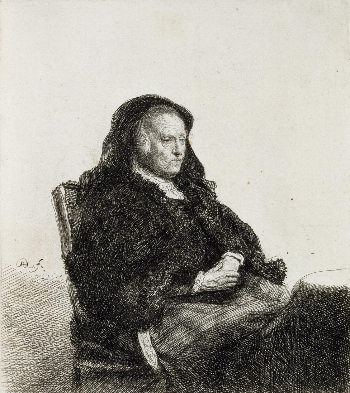 A mãe de artistas sentada em uma mesa de Rembrandt van Rijn