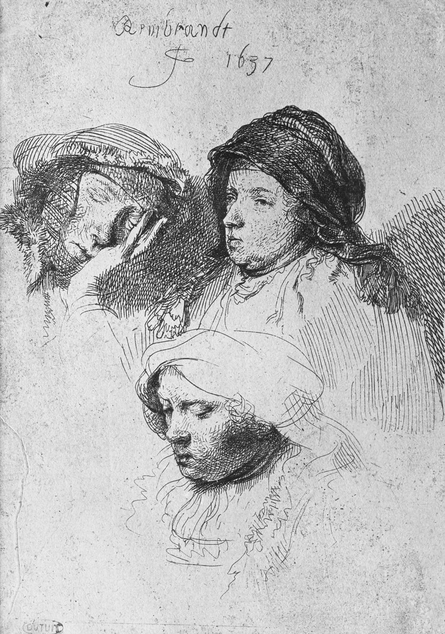 Três cabeças femininas com uma dormindo, 1637 de Rembrandt van Rijn