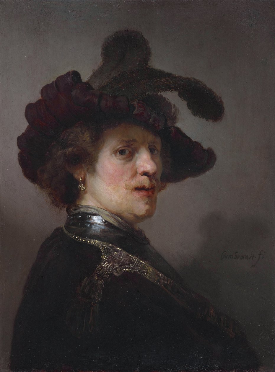Tronie de um homem com uma boina de penas de Rembrandt van Rijn