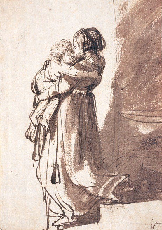Mulher, carregar, um, criança, baixo de Rembrandt van Rijn