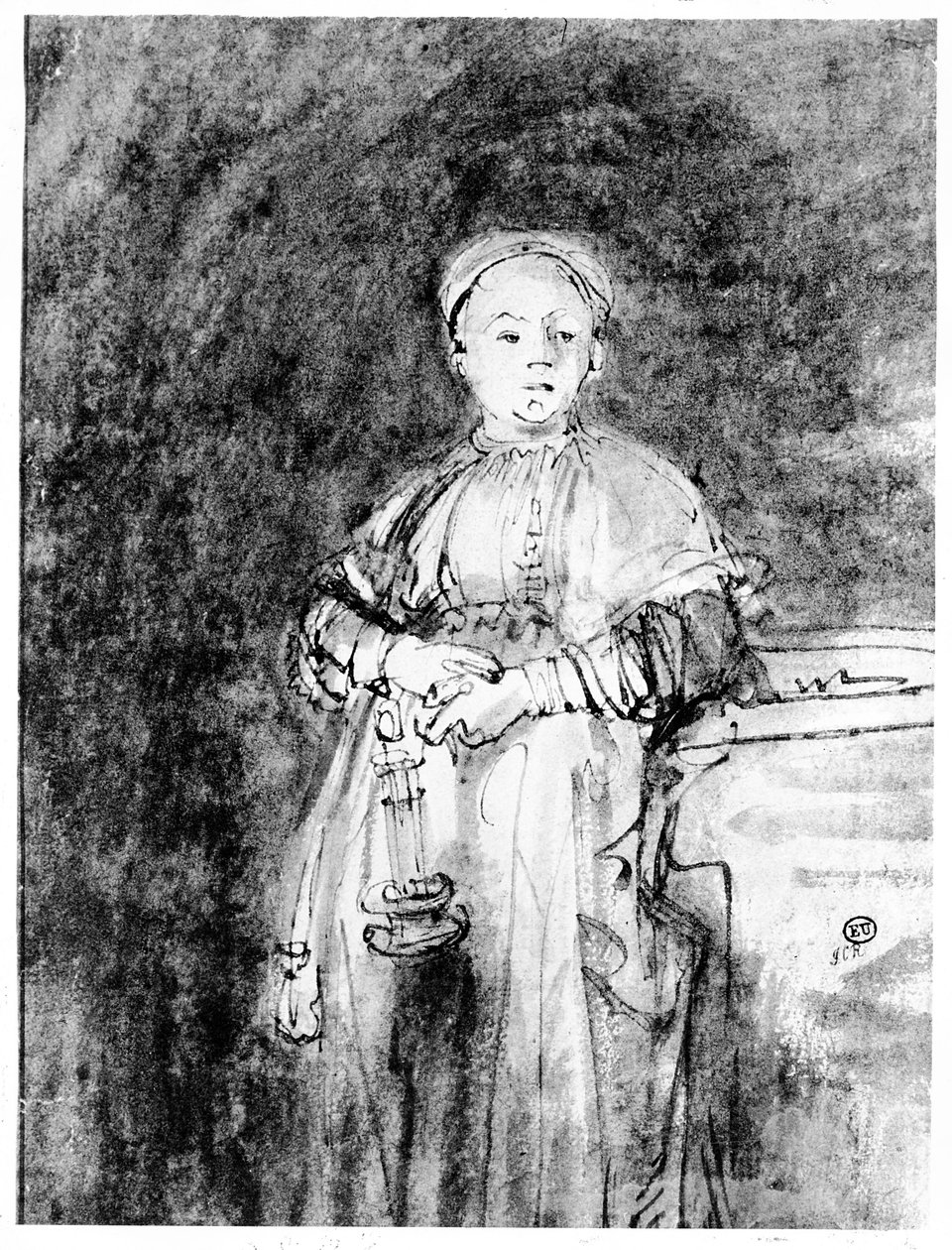 Mulher com uma vela, c.1631 (caneta, tinta e lavagem no papel) de Rembrandt van Rijn