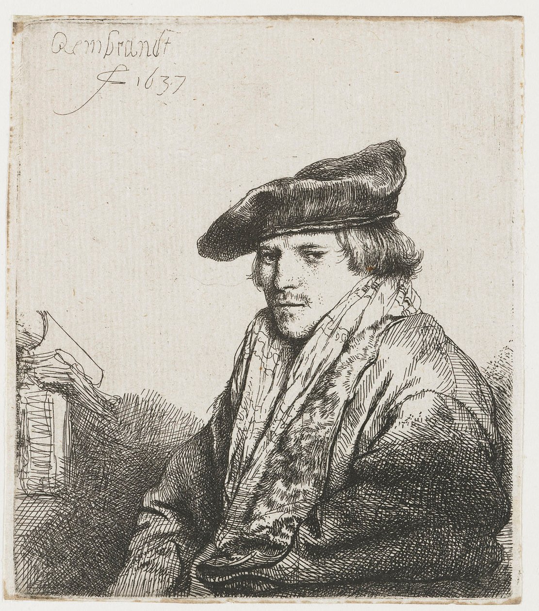 Jovem em um boné de veludo de Rembrandt van Rijn
