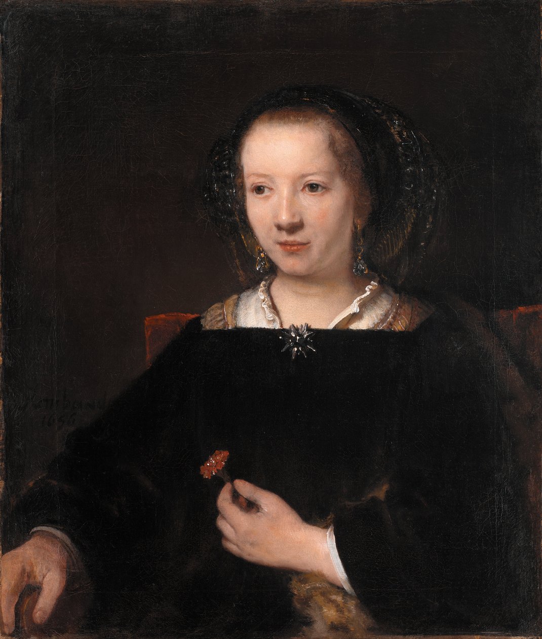 Mulher jovem, com, um, cravo de Rembrandt van Rijn