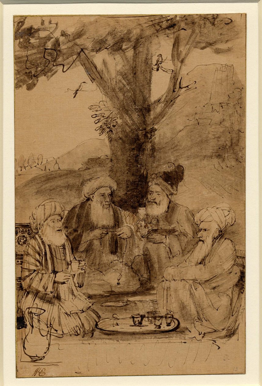Quatro Mullahs sentados debaixo de uma árvore, Rembrandt, c. 1656-61 de Rembrandt