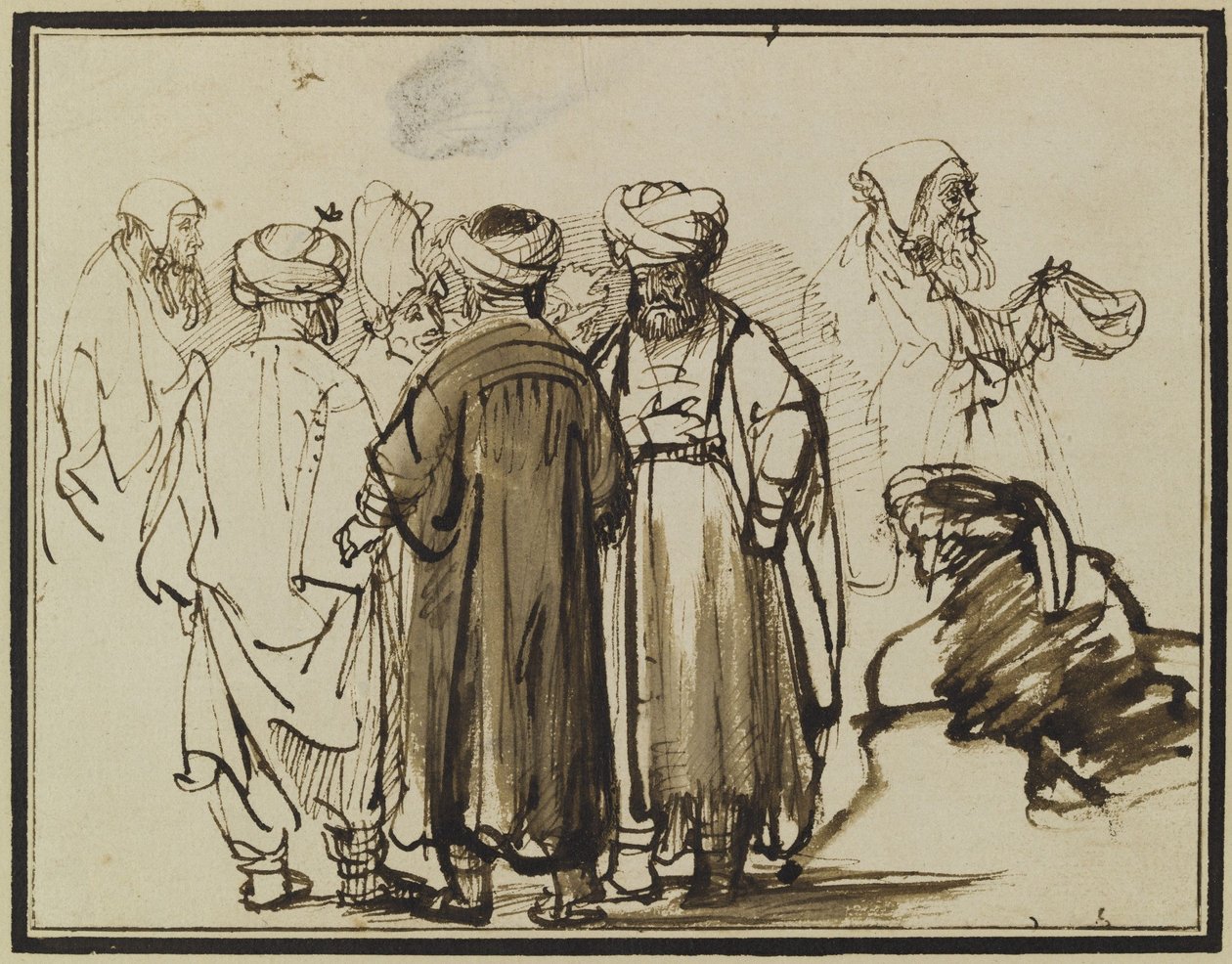 Homens em trajes orientais e dois estudos de um mendigo em meia figura. de Rembrandt