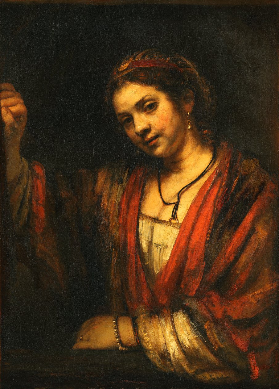 Mulher jovem na porta superior aberta de Rembrandt