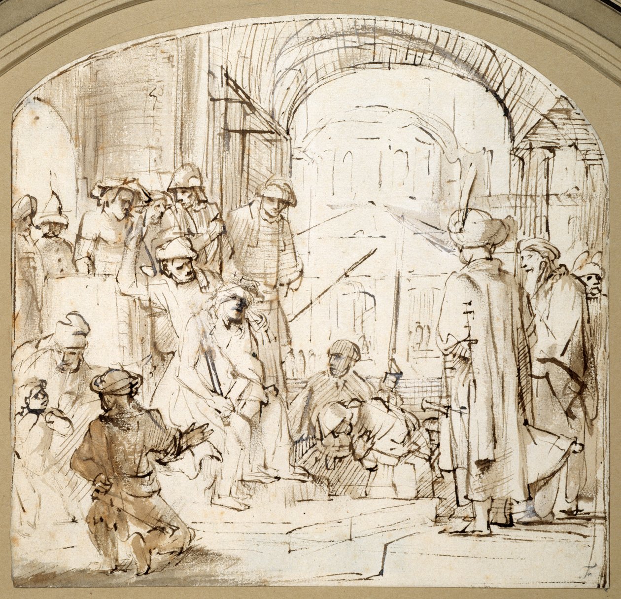 Cristo Escarnecido (caneta e tinta com lavagem em papel) de Rembrandt Harmensz. van Rijn (school of)