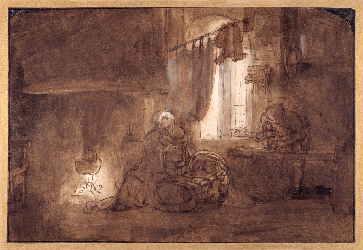 A Sagrada Família na Loja do Carpinteiro (caneta e tinta com lavagem em papel) de Rembrandt Harmensz. van Rijn (school of)