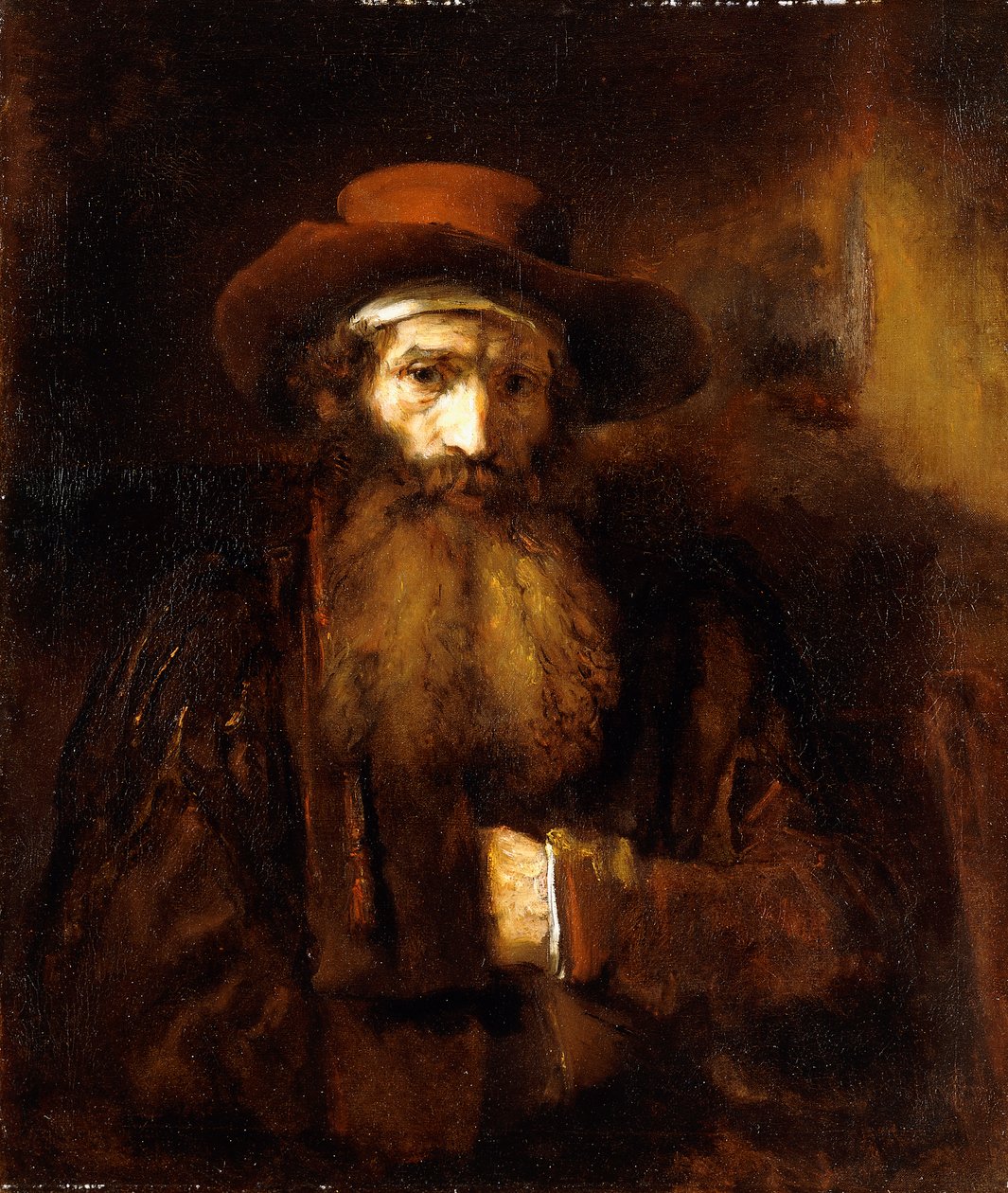 Um velho barbudo, vestindo um casaco marrom e um chapéu castanho-avermelhado, 1651 de Rembrandt van Rijn