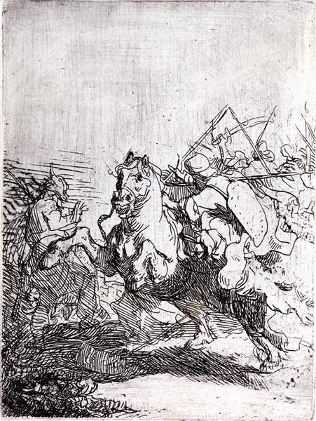 Um Combate de Cavalaria (caneta e tinta sobre papel) de Rembrandt Harmensz. van Rijn