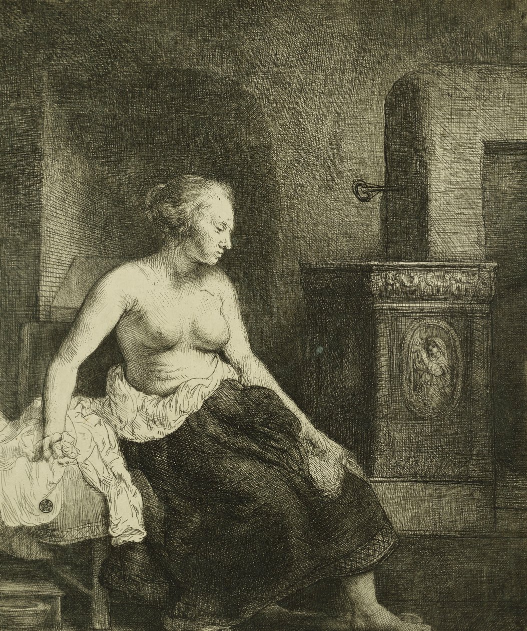 Uma mulher sentada meio vestida ao lado de um fogão, 1658 de Rembrandt van Rijn