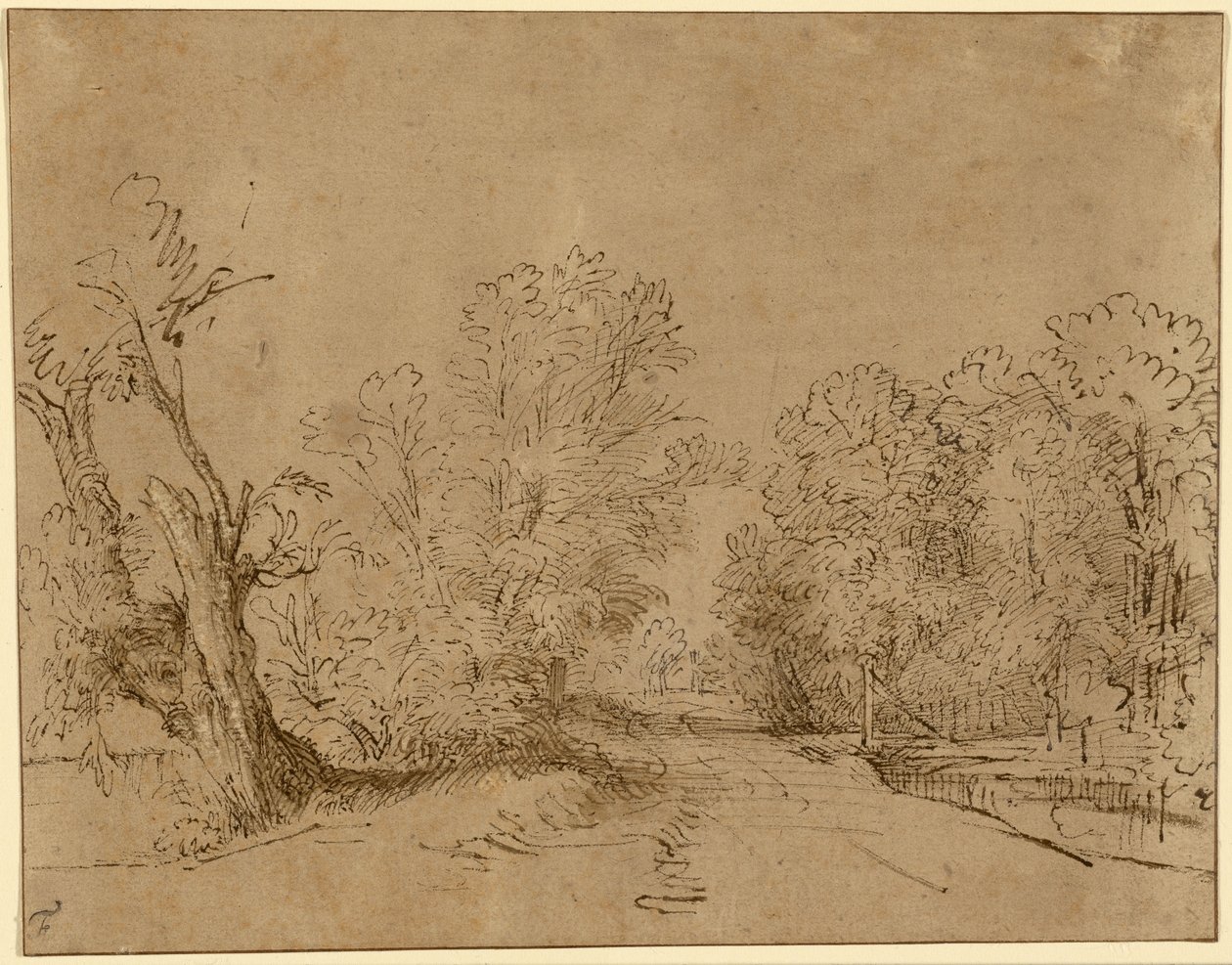 Uma estrada arborizada de Rembrandt Harmensz. van Rijn