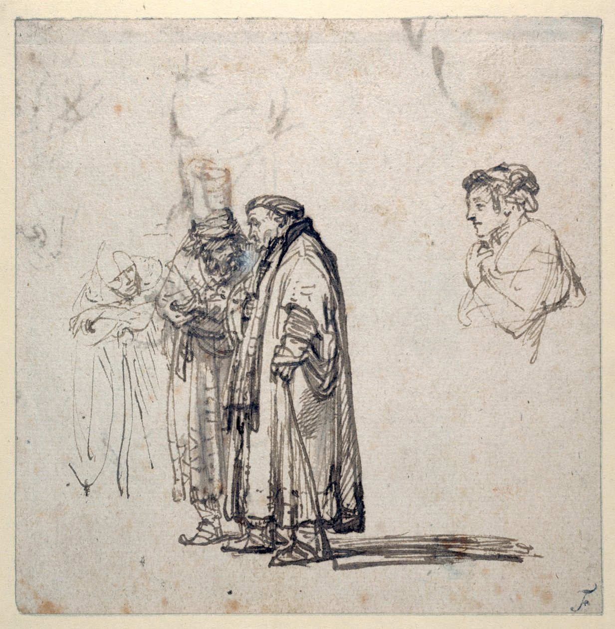 Um grupo de estudiosos idosos e, separadamente, o perfil de um homem mais jovem (caneta e tinta sobre papel) (recto de 2636120) de Rembrandt Harmensz. van Rijn