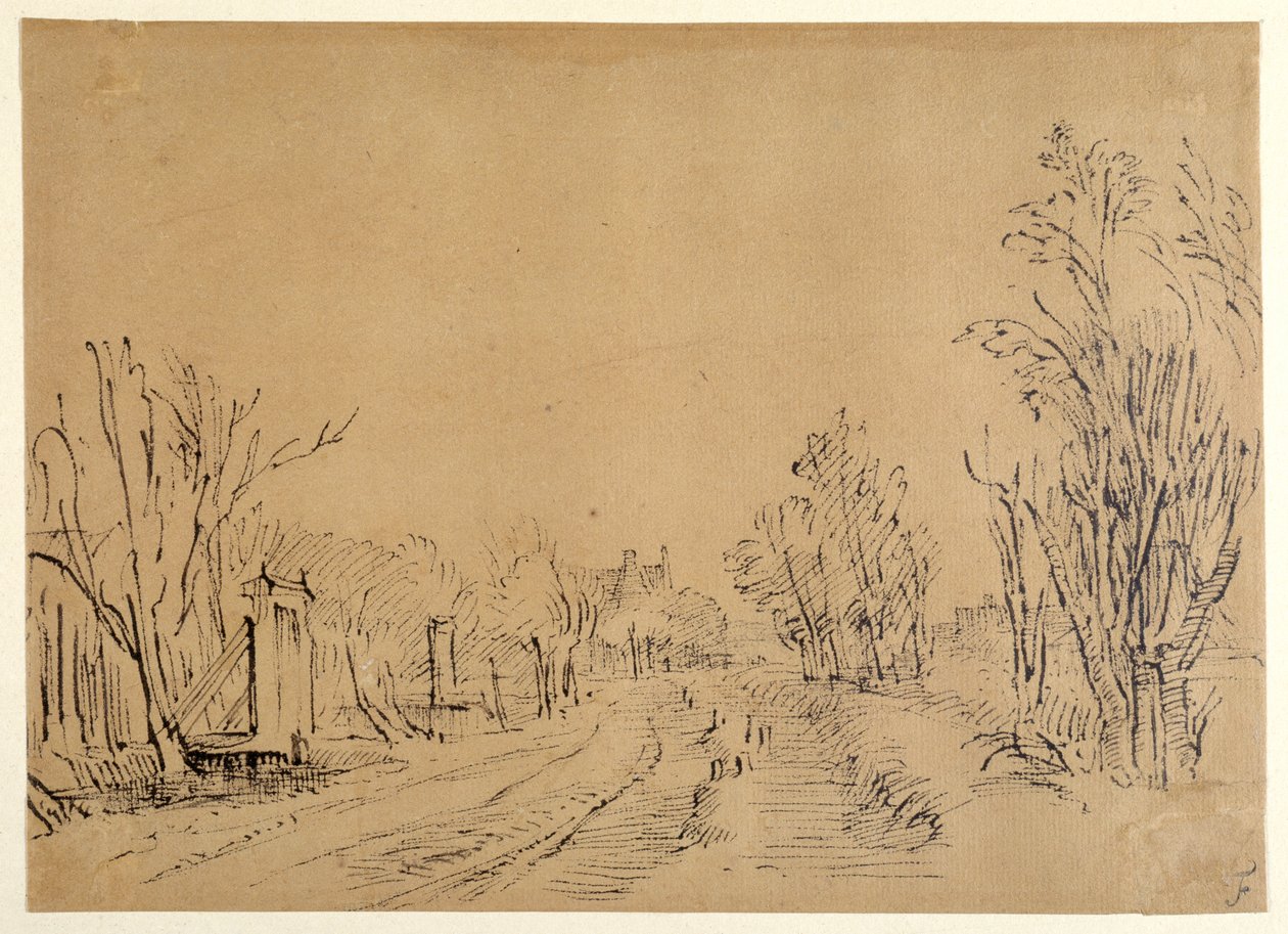 Uma estrada principal que leva a uma casa através de árvores (duas pontes e portões de acesso ao dijk) (caneta e tinta em papel pardo) de Rembrandt Harmensz. van Rijn