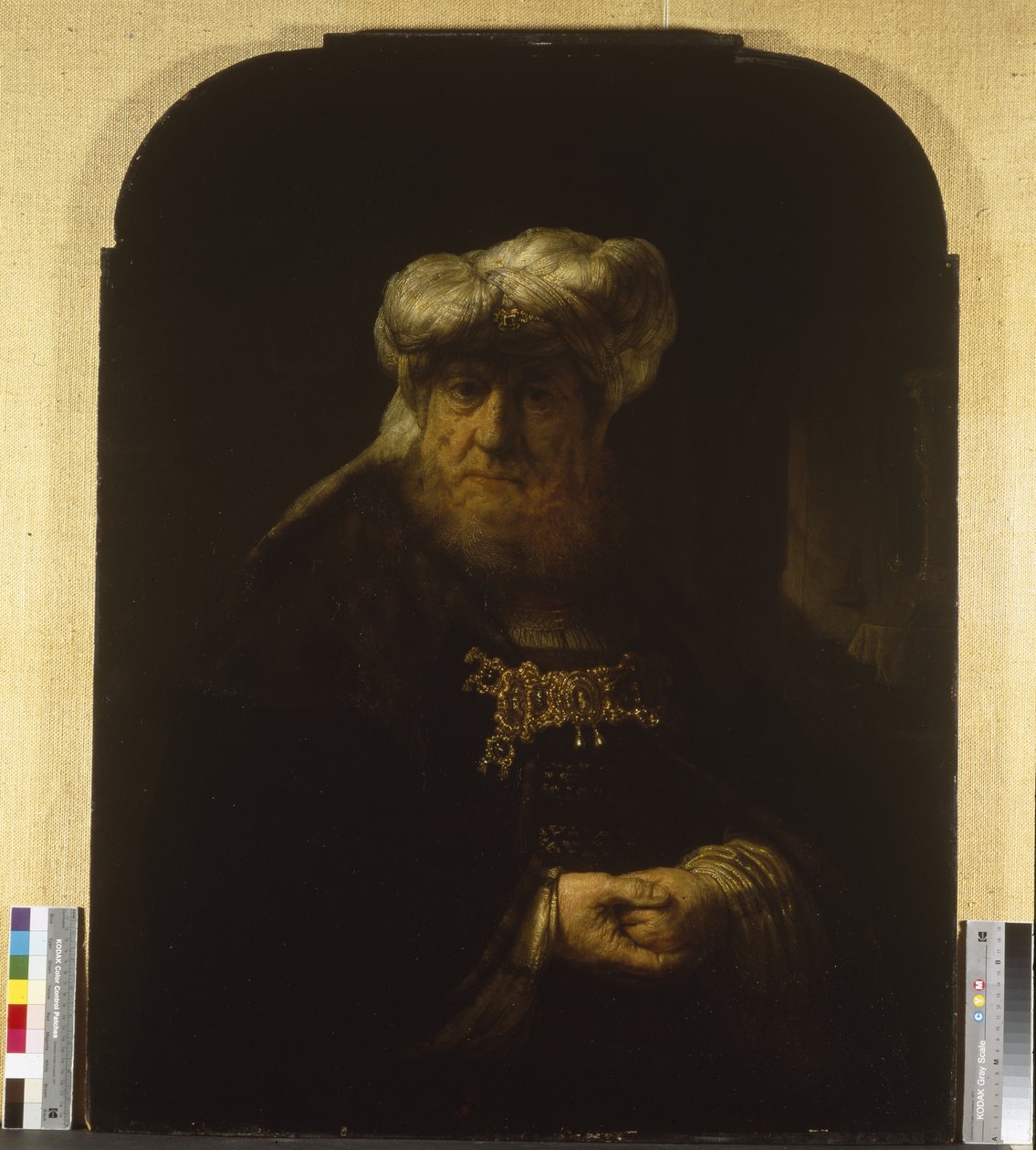 Um homem com fato oriental, cerca de 1639 (óleo sobre painel de madeira) de Rembrandt Harmensz. van Rijn