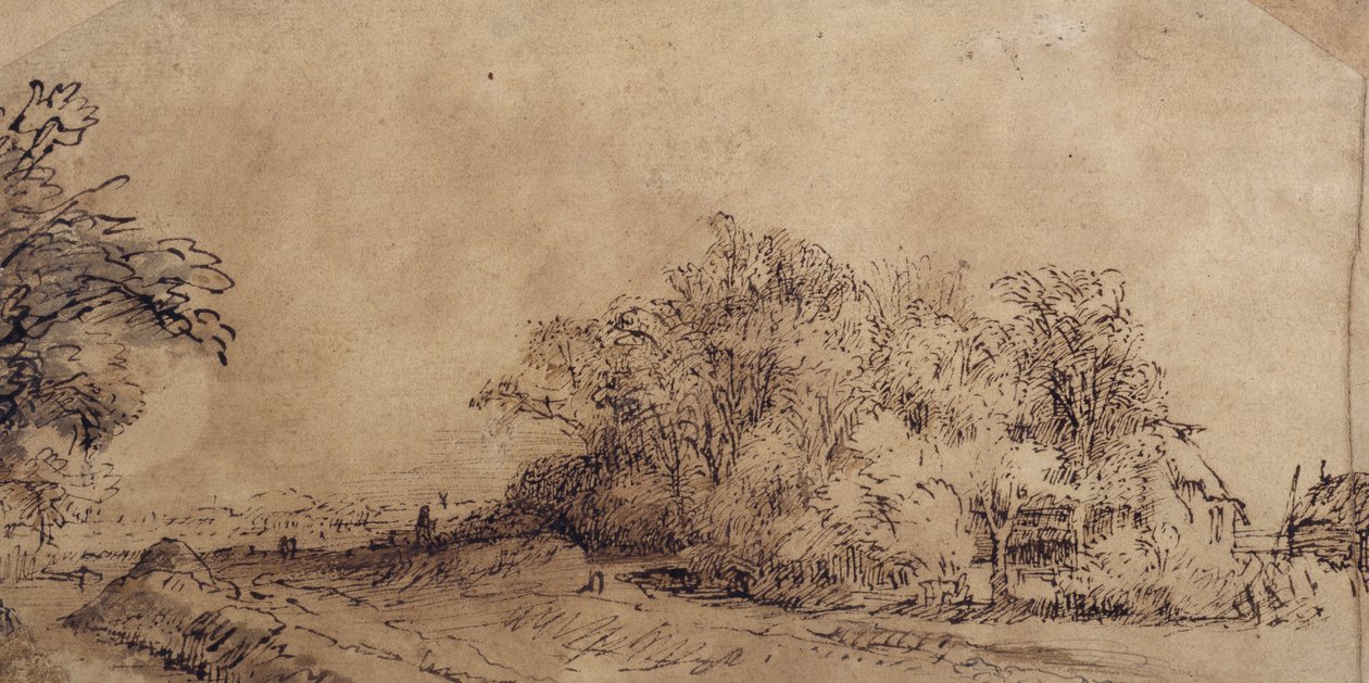 Uma estrada acidentada ao longo do dique com árvores escondendo uma roça (caneta e tinta com lavagem em papel) de Rembrandt Harmensz. van Rijn