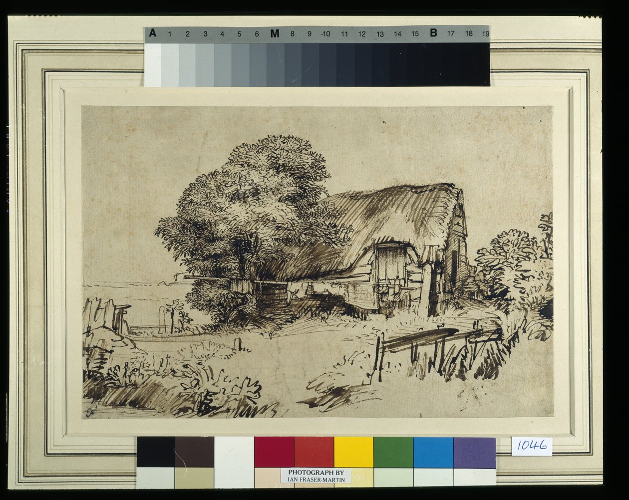 Uma cabana de colmo junto a uma grande árvore, uma figura sentada no exterior, c.1648-52 (caneta e tinta sobre papel) de Rembrandt Harmensz. van Rijn
