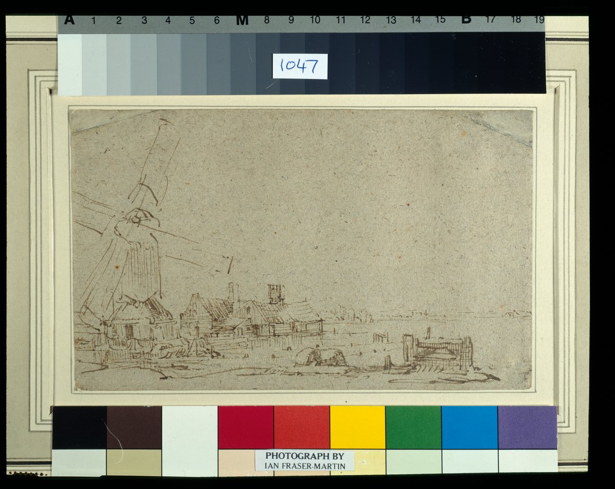 Um moinho de vento e um grupo de casas, c.1652-53 (caneta de palheta e tinta com lavagem em papel) de Rembrandt Harmensz. van Rijn