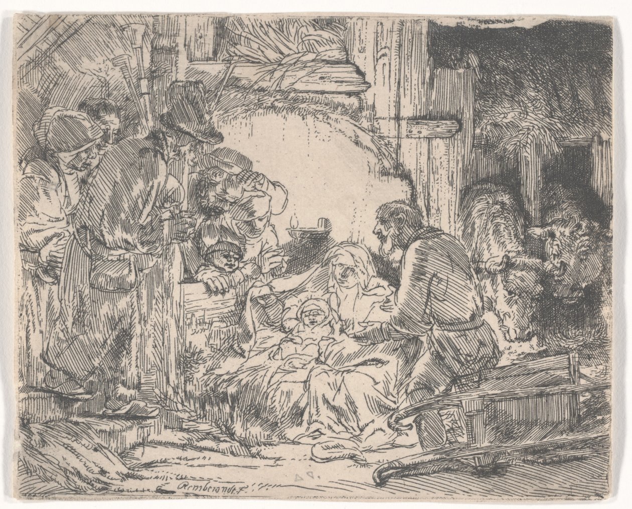 Adoração dos pastores com uma lâmpada, c.1654 (gravura) de Rembrandt van Rijn