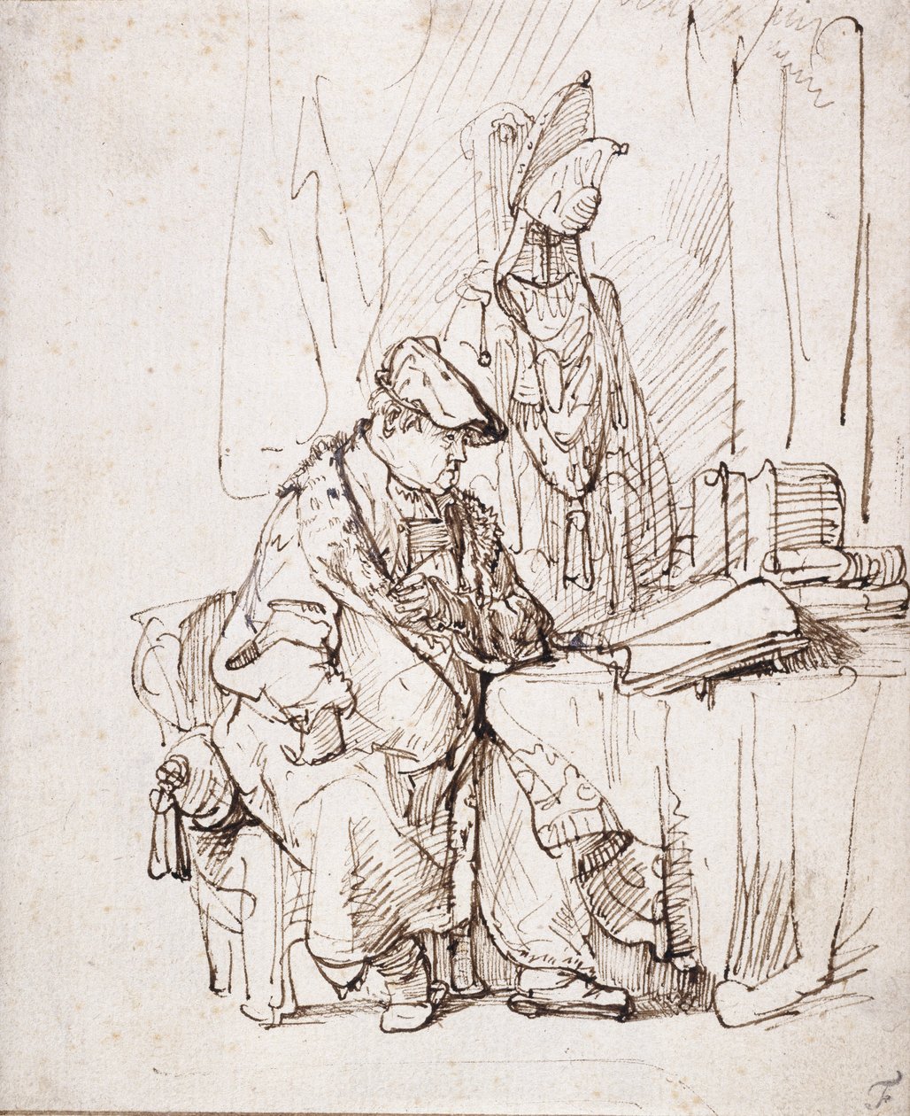 Um Ator em seu Camarim (caneta e tinta marrom sobre papel branco) de Rembrandt Harmensz. van Rijn
