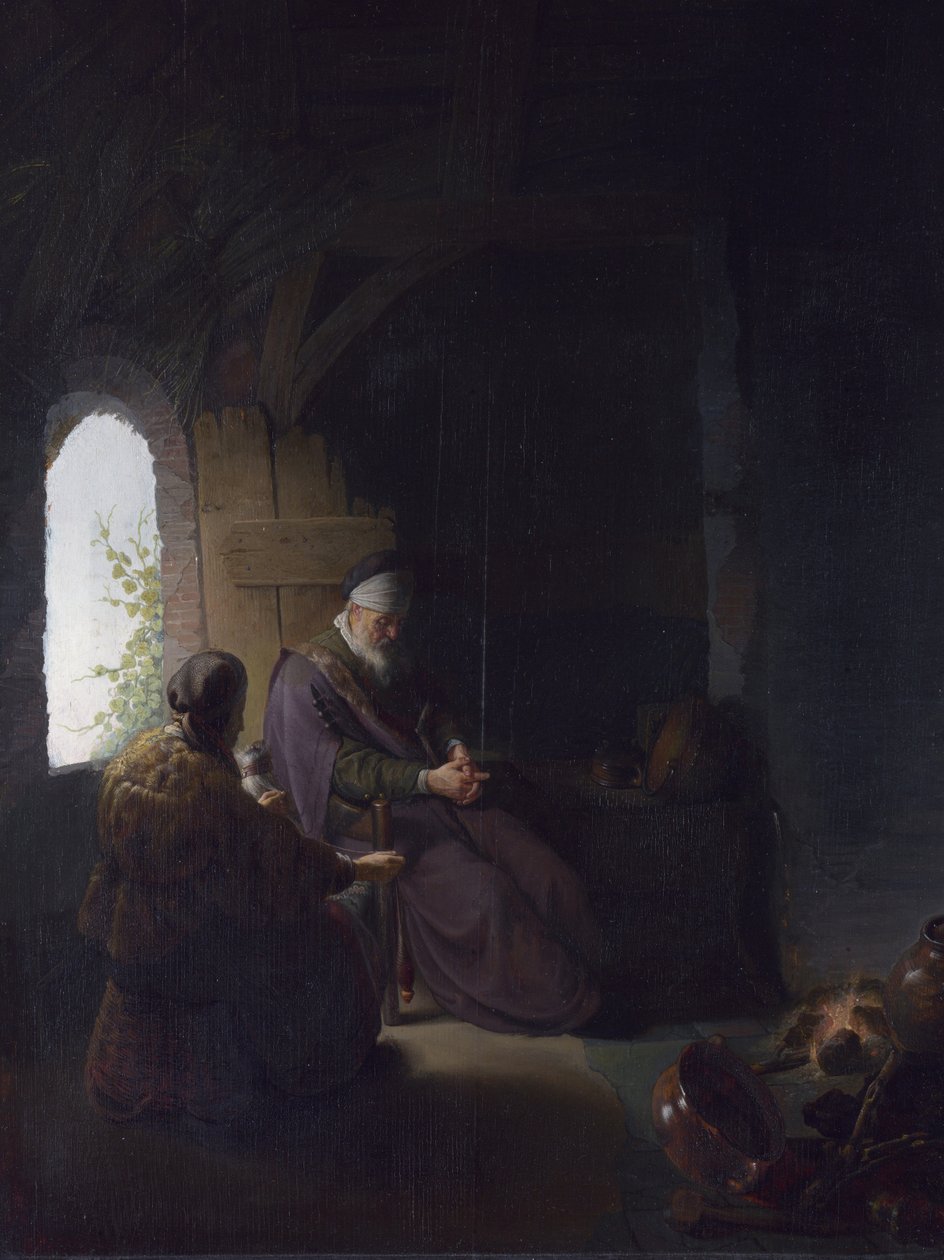 Anna e o Cego Tobit, c.1630 (óleo no painel) de Rembrandt van Rijn