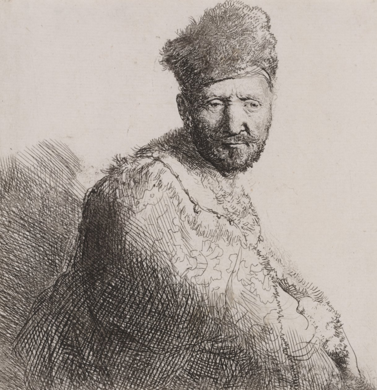 Homem barbudo com boné e manto oriental de peles de Rembrandt van Rijn