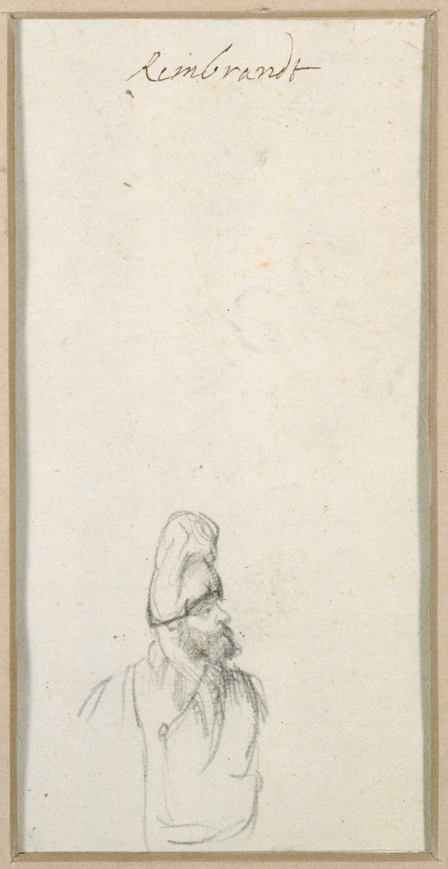 Homem barbudo de perfil, em gorro alto, c.1640 (giz preto sobre papel) de Rembrandt Harmensz. van Rijn
