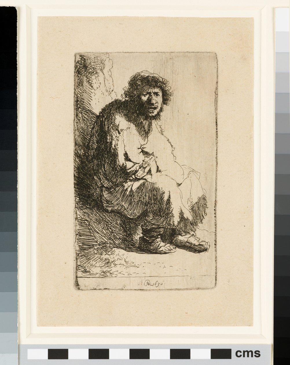 Mendigo sentado em um banco de Rembrandt van Rijn