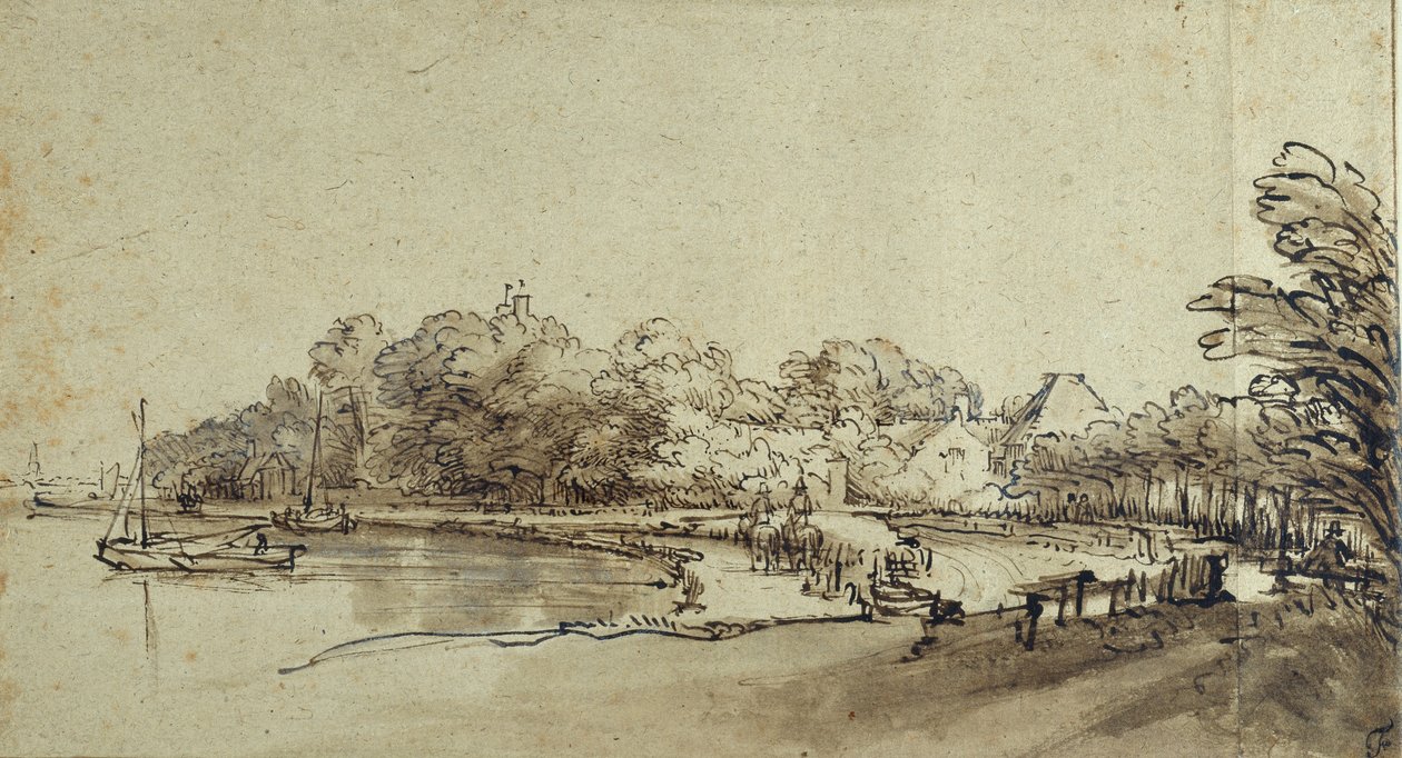 Curva no Amstel perto de Kostverloren House, início da década de 1650 (caneta e tinta com lavagem e corpete em papel) de Rembrandt Harmensz. van Rijn