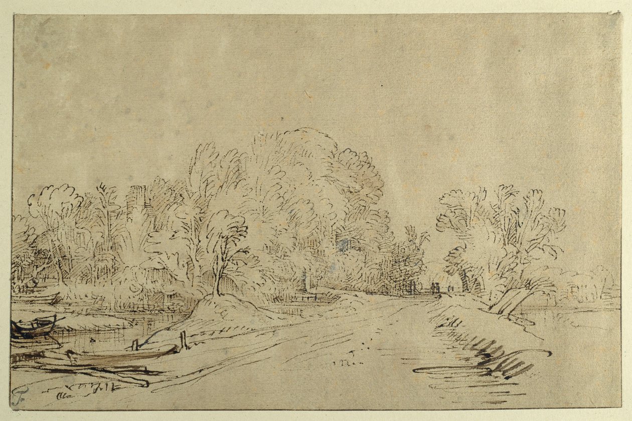 Canal com barcos, uma estrada com dique e árvores (caneta de cana e tinta com lavagem em papel) de Rembrandt Harmensz. van Rijn