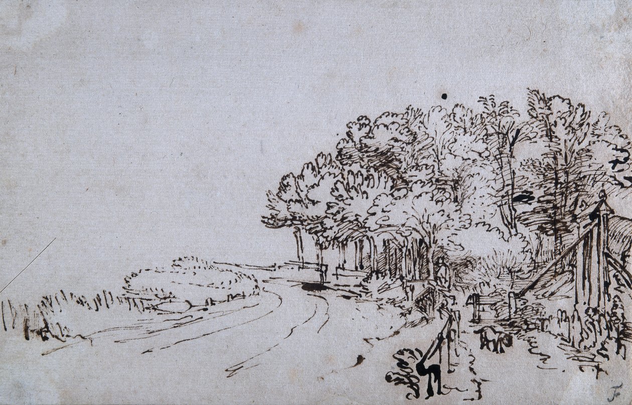 Cópia à cabeça do Amsteldijk perto de Trompenburg, c.1649 (caneta e tinta sobre papel) de Rembrandt Harmensz. van Rijn