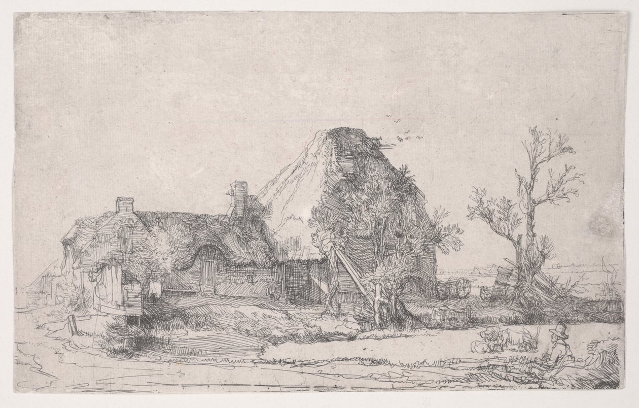 Casas de campo e edifícios agrícolas com um homem desenhando, c.1645 (gravura) de Rembrandt van Rijn