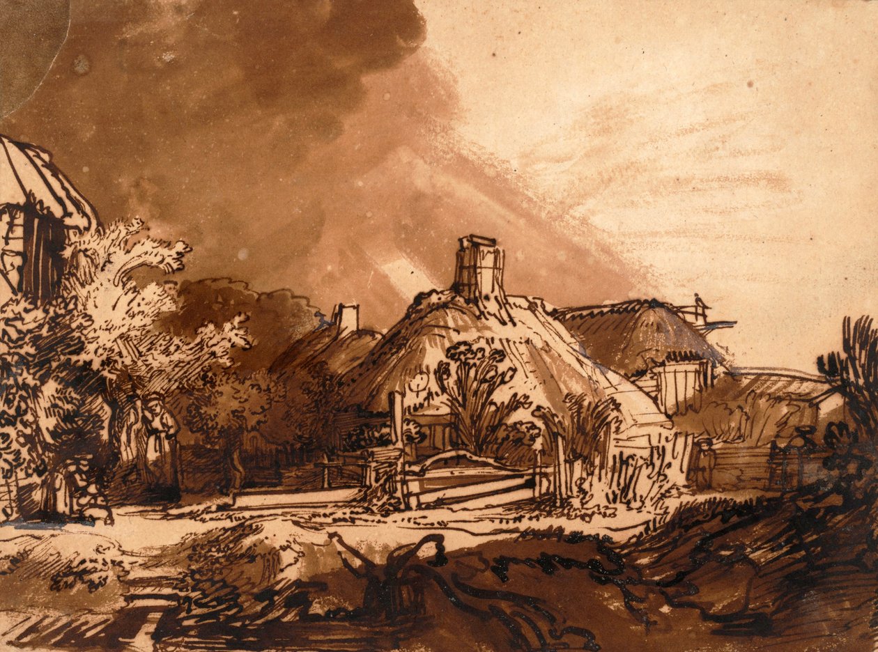 Casas antes de um céu tempestuoso (caneta e tinta) de Rembrandt van Rijn