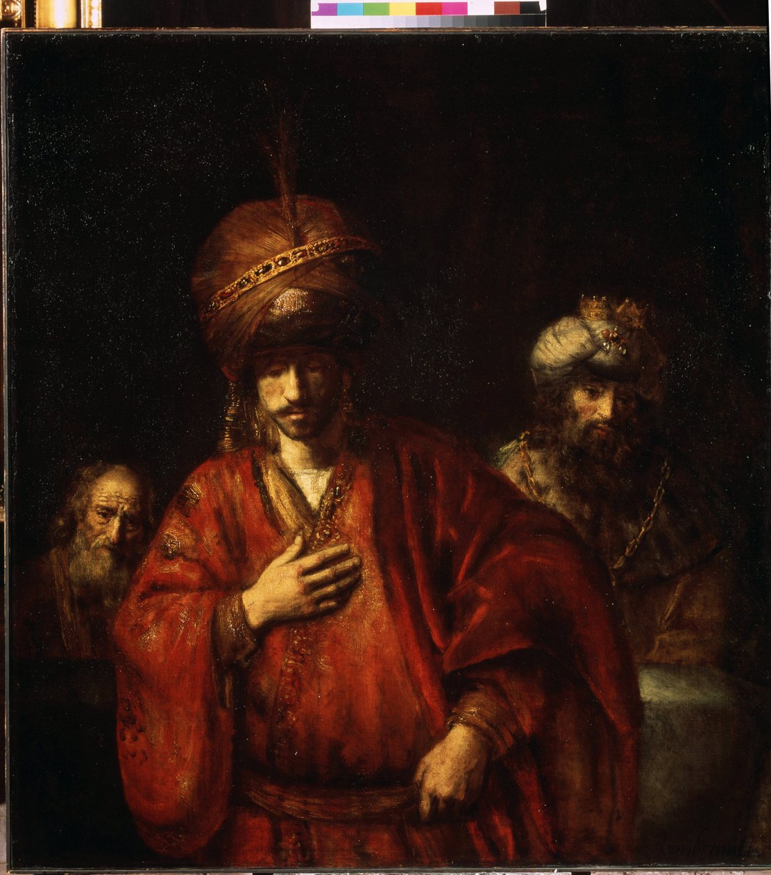 Davi e Urias, Hamã (Amã) Reconhece seu destino "" Urias, o hitita (ou Ourias, o hitita) soldado do rei Davi. Pintura de Harmenszoon van Rijn conhecido como Rembrandt (1606-1669) de Rembrandt Harmensz. van Rijn