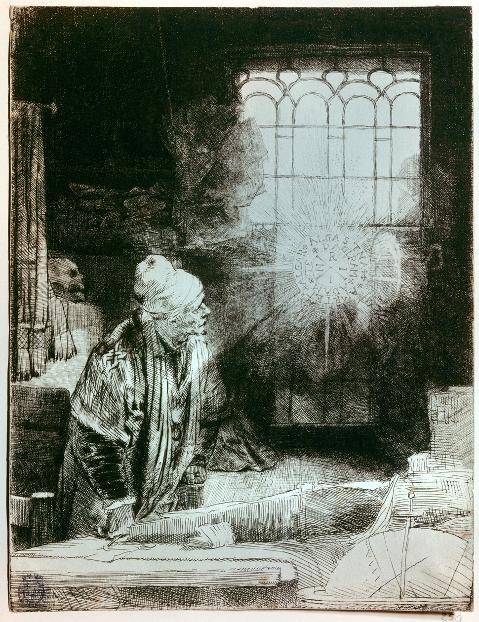 Dr. Faust na sua oficina Gravura em cobre de Rembrandt Harmensch van Rijn (1606 - 1669). O disco luminoso que aparece em frente à janela copia a inscrição de um amuleto metálico que foi encontrado, cujo significado elusivo teria fascinado Rembra de Rembrandt van Rijn