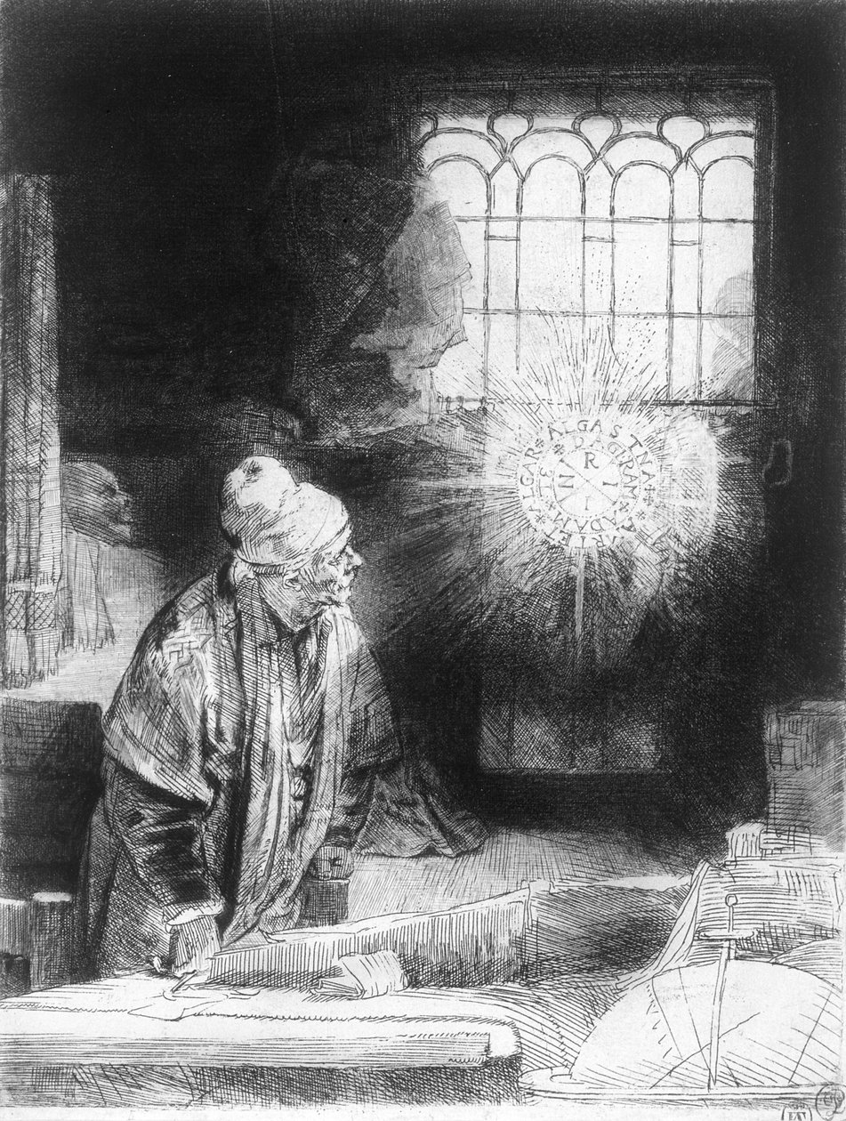 Dr. Fausto em seu estudo (gravura) de Rembrandt van Rijn
