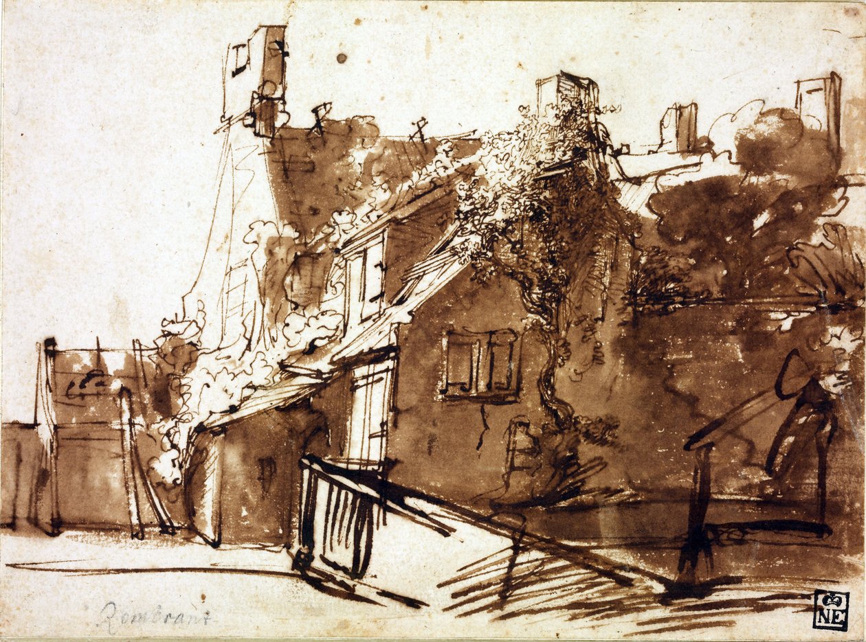 Farmhouse in Sunlight - Rembrandt van Rhijn (1606-1669) - 1635-1636 - Caneta, pincel, cor marrom sobre papel - 16,4x22,3 cm - Szepmuveszeti Muzeum, Budapeste de Rembrandt Harmensz. van Rijn