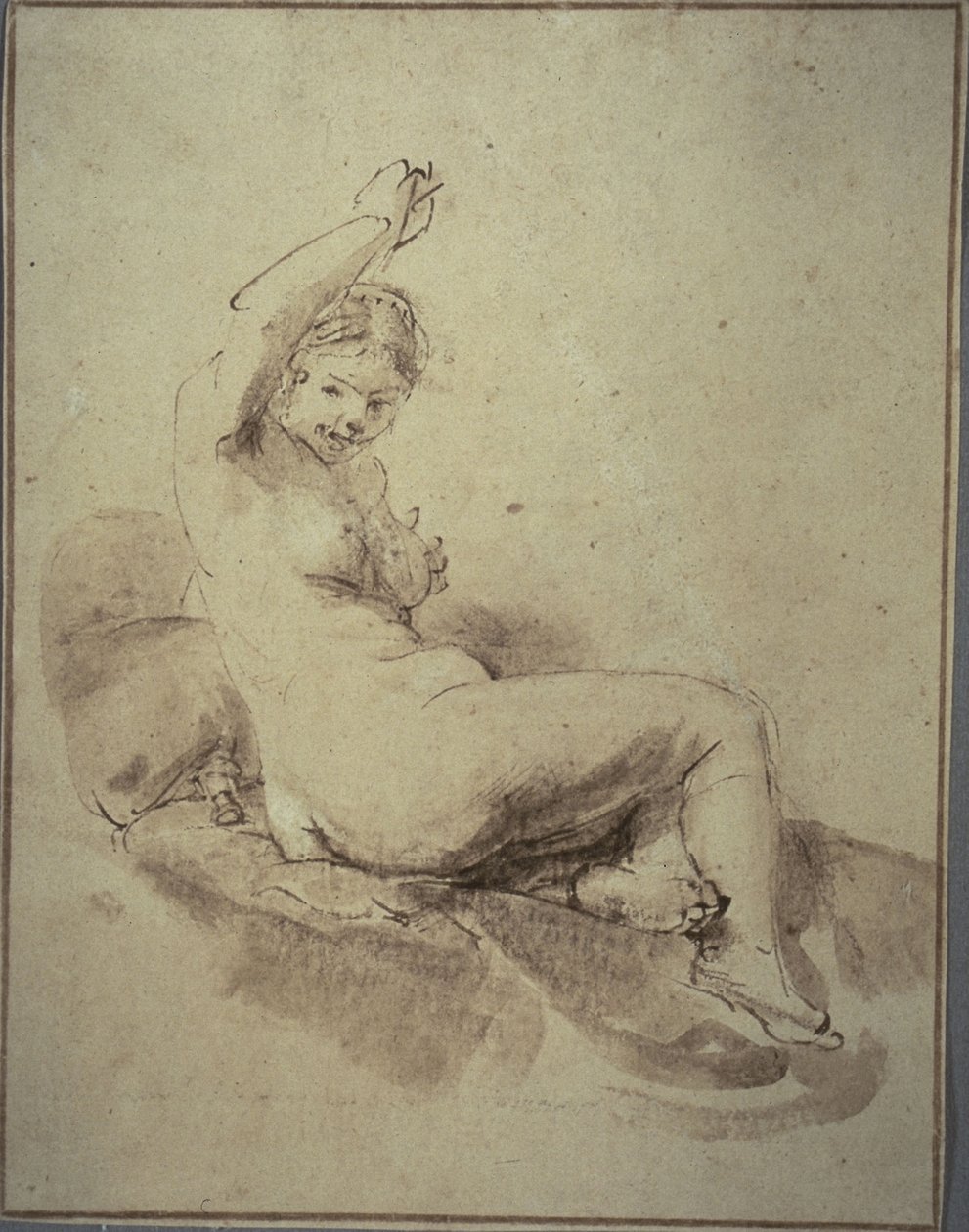 Reclinagem Nua Feminina com Braço Levantado, c.1665 (caneta e tinta castanha e escova e lavagem castanha, sobre papel de bronzeado) de Rembrandt Harmensz. van Rijn