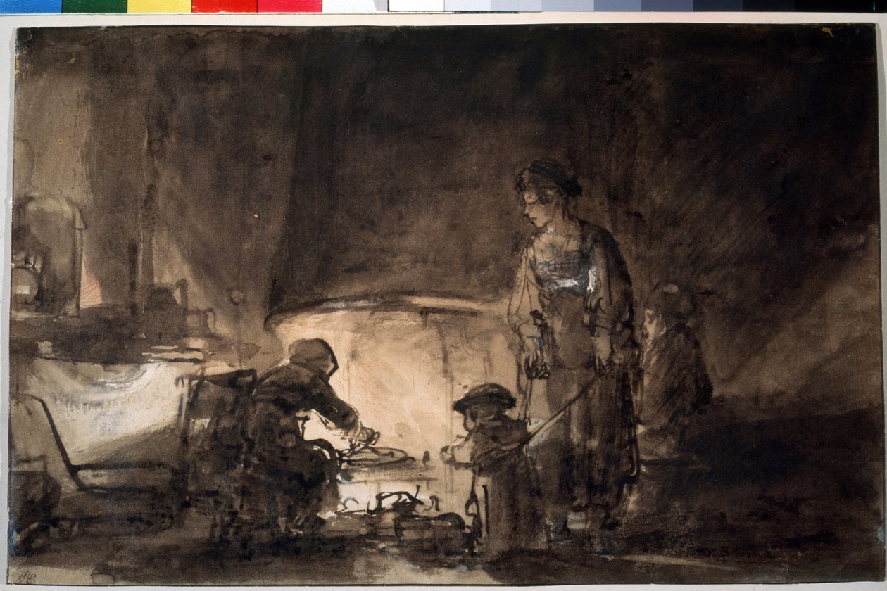 La cuisine dans la maison de Rembrandt (A Cozinha na Casa de Rembrandt). Dessin de Harmenszoon van Rijn dit Rembrandt (1606-1669) de Rembrandt Harmensz. van Rijn
