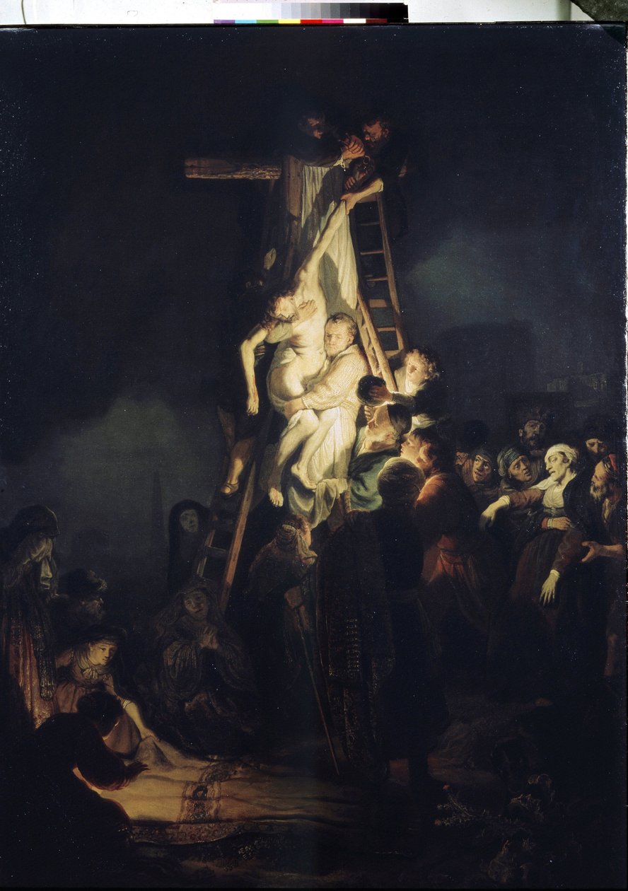 A Descida da Cruz (deposição). A Descida da Cruz. Entre as figuras que rodeiam o corpo de Jesus Cristo: a Virgem Maria, São Nicodemos e São José de Arimatéia. Pintura por Harmenszoon van Rijn (1606-1669) de Rembrandt Harmensz. van Rijn